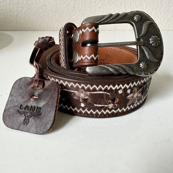 NEW Lane Boots LANDRUM Western Belt M Embroidered Brown Leather Southwest Cowboy - Picture 1 of 11